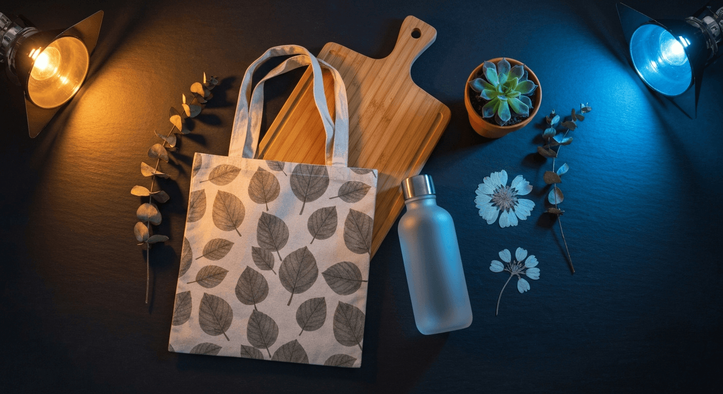 Organic cotton tote bag, bamboo cutting board, and recycled frosted glass water bottle flat lay on dark midnight-navy slate with dried eucalyptus sprigs and warm amber fill lighting