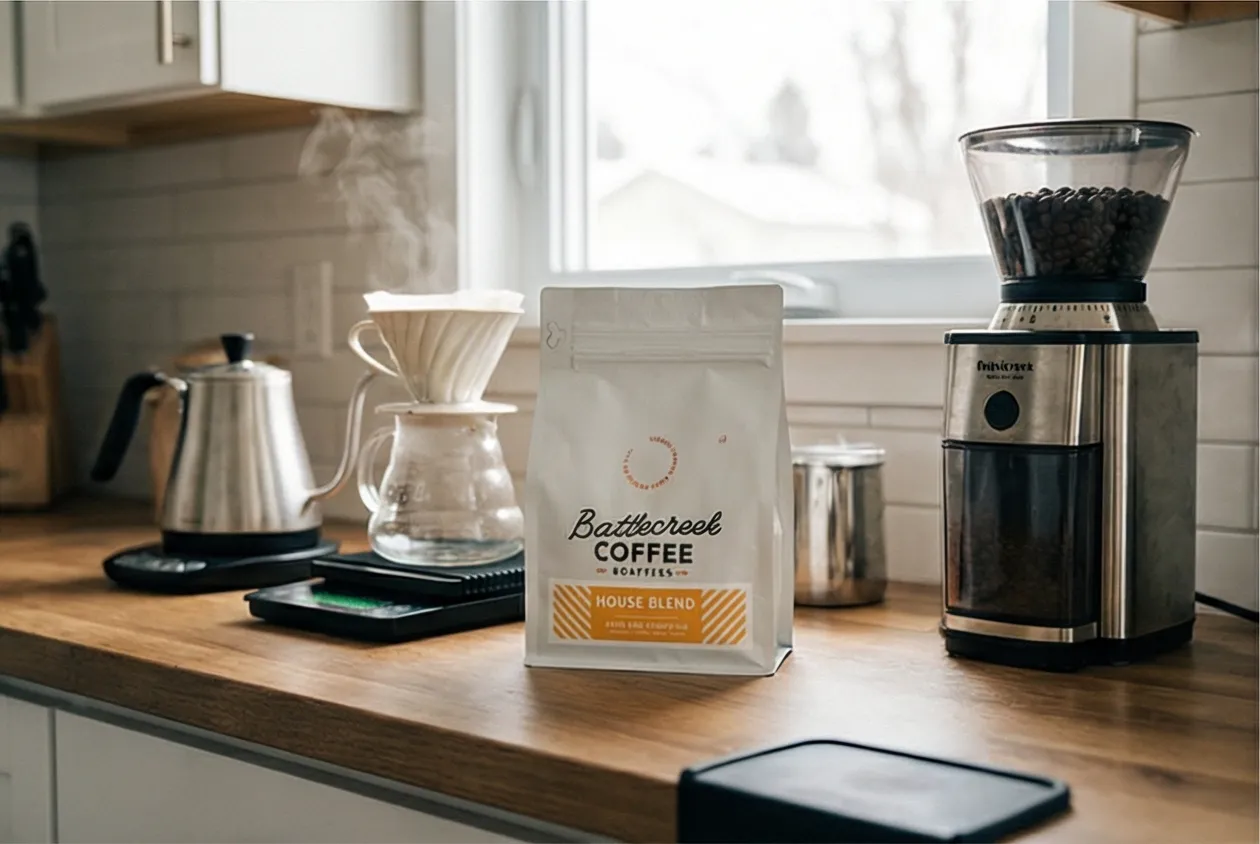 AI-generated lifestyle photo of the same coffee bag in a warm kitchen setting with pour-over equipment
