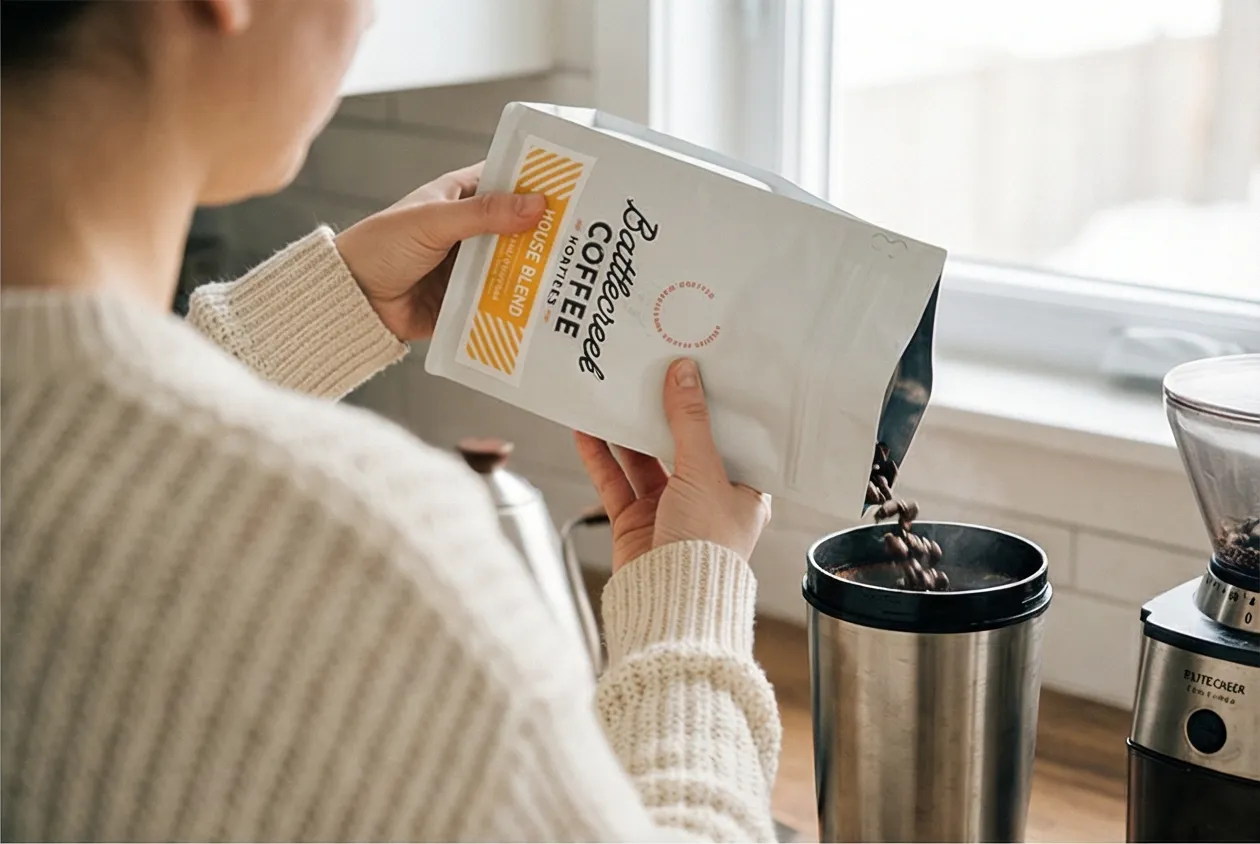 AI-generated lifestyle photo of coffee bag being held in a kitchen setting