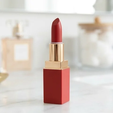 AI-generated lifestyle photo of a hydrating matte lipstick showcasing AI product photography changes for Shopify in 2026