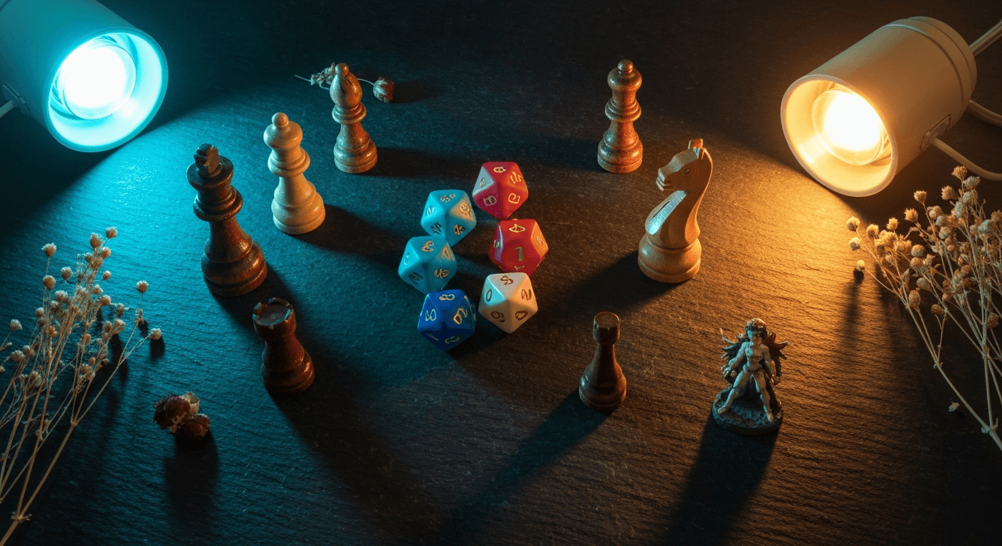 Premium board game pieces, collectible dice, enamel pins, and fantasy figurine flat lay on dark midnight-navy brushed slate with cool cyan rim lighting and warm amber fill studio lighting