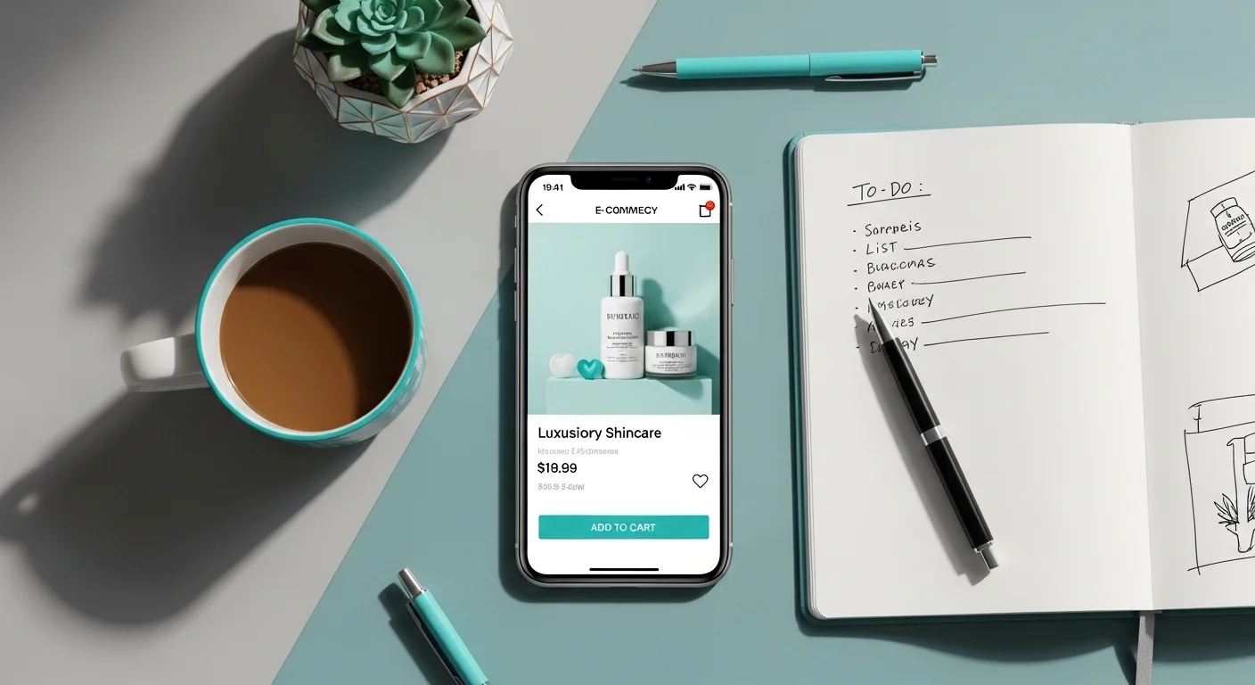 Mise à plat de style photographie de produit professionnelle et hautement détaillée présentant plusieurs éléments de commerce électronique modernes tels qu'un smartphone affichant une page de produit et une tasse de café