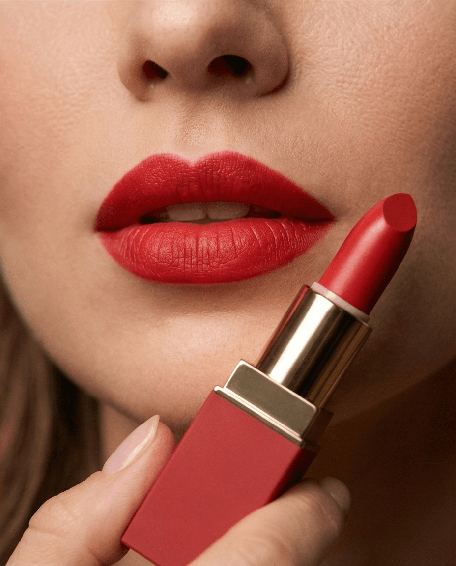 Close-up lifestyle beauty photo showing lipstick in use