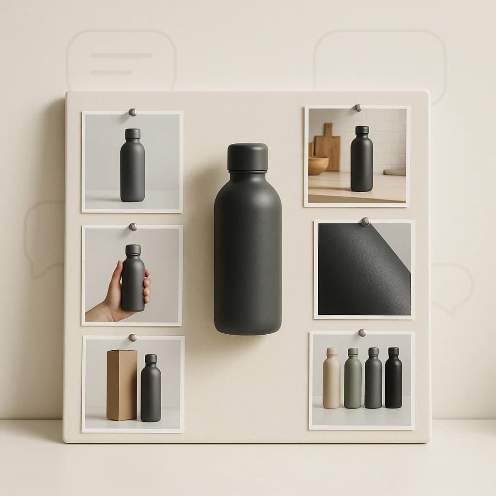Six-image set arranged for a Shopify product: hero, lifestyle, scale, feature close-up, packaging, and variant grid