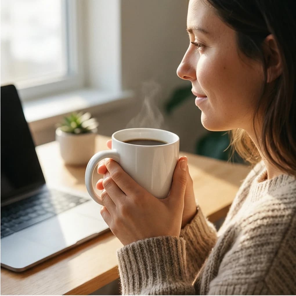 Lifestyle photo of a ceramic mug on a marble desk in a modern office