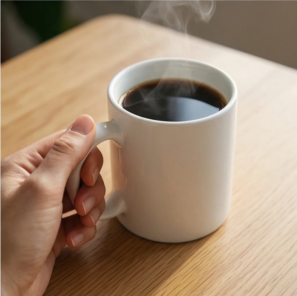 AI-generated lifestyle photo of the same mug held in hands with warm lighting