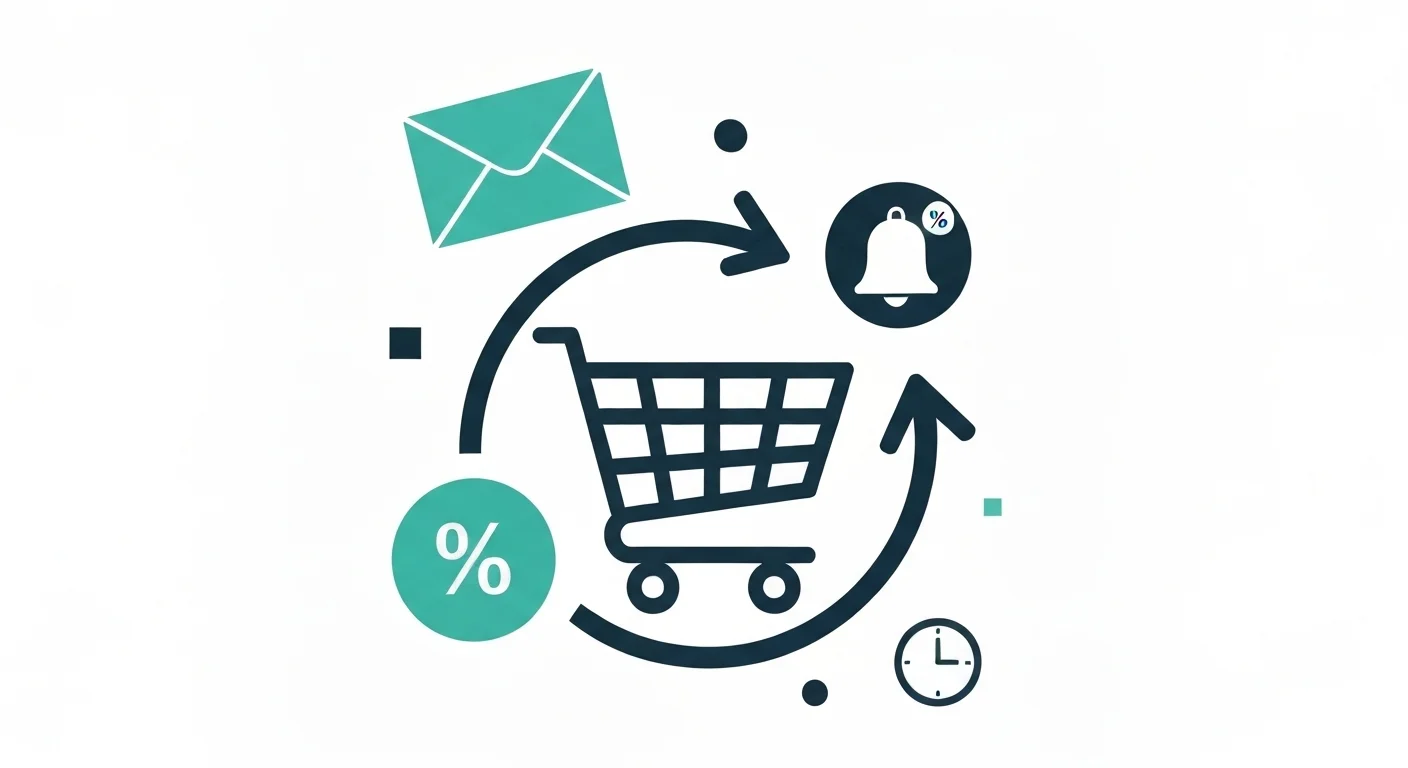 Abstract illustration of shopping cart recovery with geometric icons representing email, notifications, and discount strategies