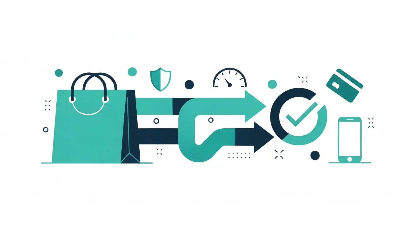 Abstract flat vector illustration of a streamlined checkout flow with shopping bag, checkmark, shield, and payment icons in teal and dark blue
