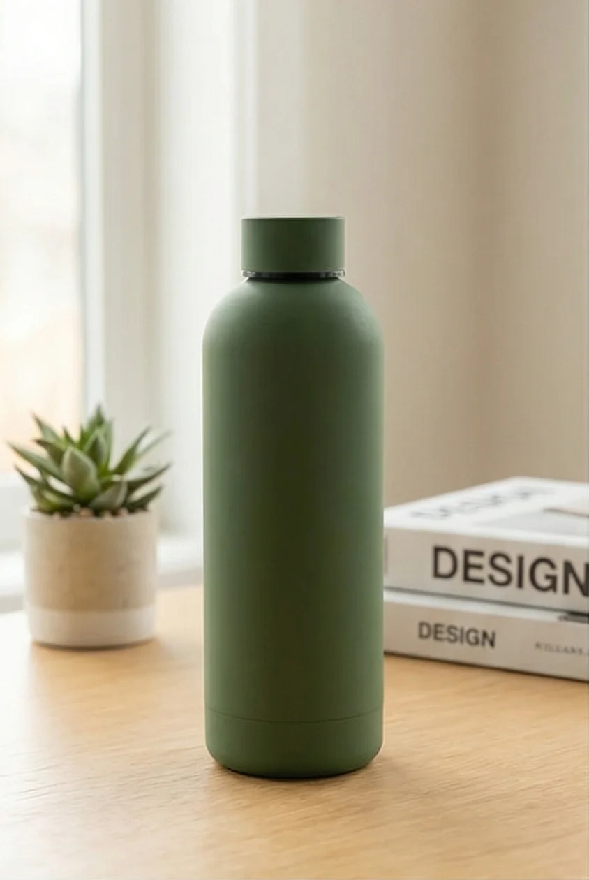 AI-generated lifestyle photo of a stainless steel water bottle in a modern setting