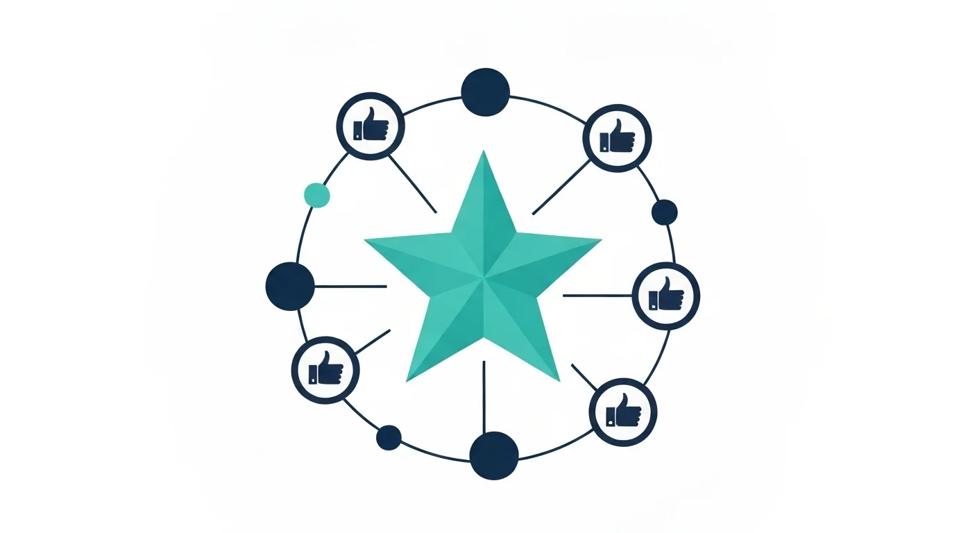 Abstract flat vector illustration of trust and social proof with star ratings and thumbs-up icons in teal and dark blue on white background