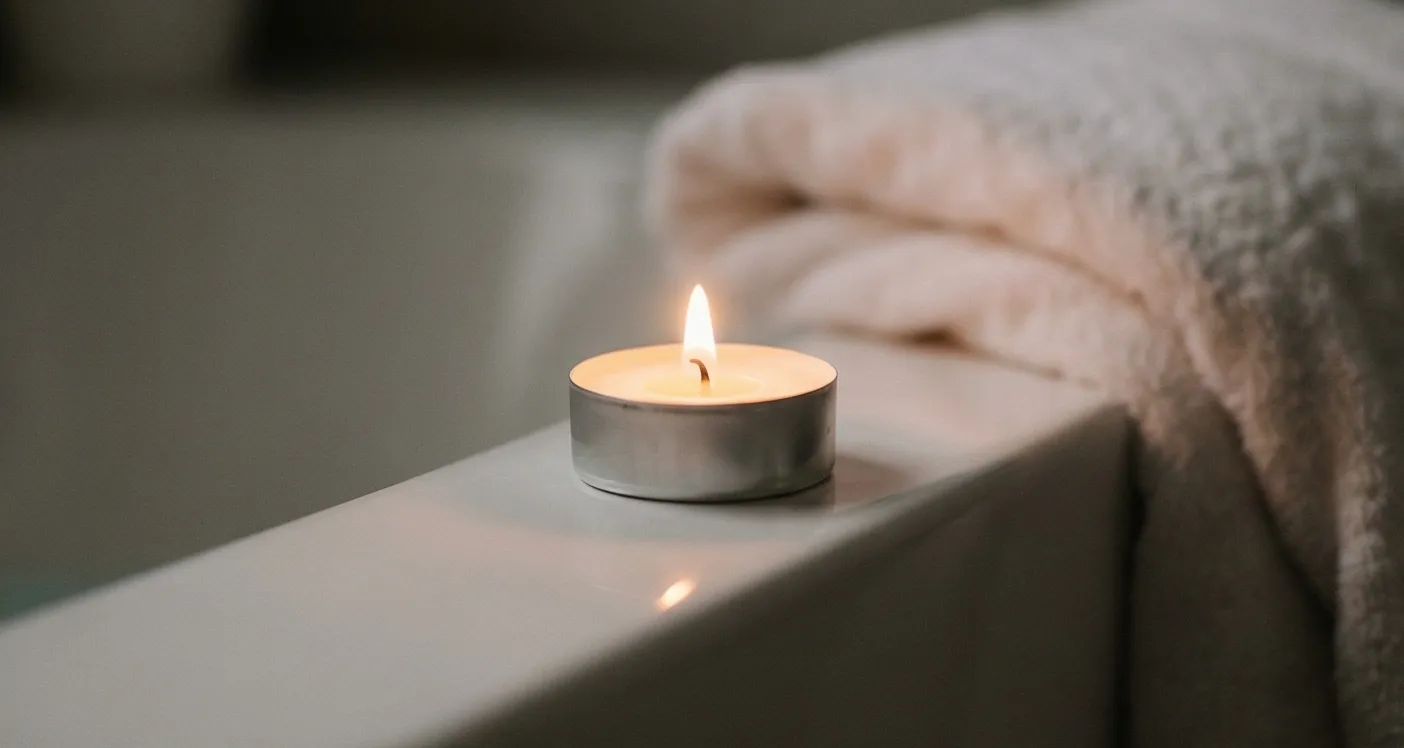 AI-generated lifestyle photo of an artisan candle in a cozy home setting