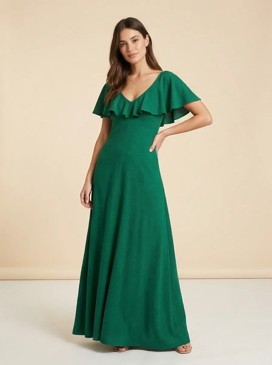 AI-generated on-model lifestyle photo of the same green dress