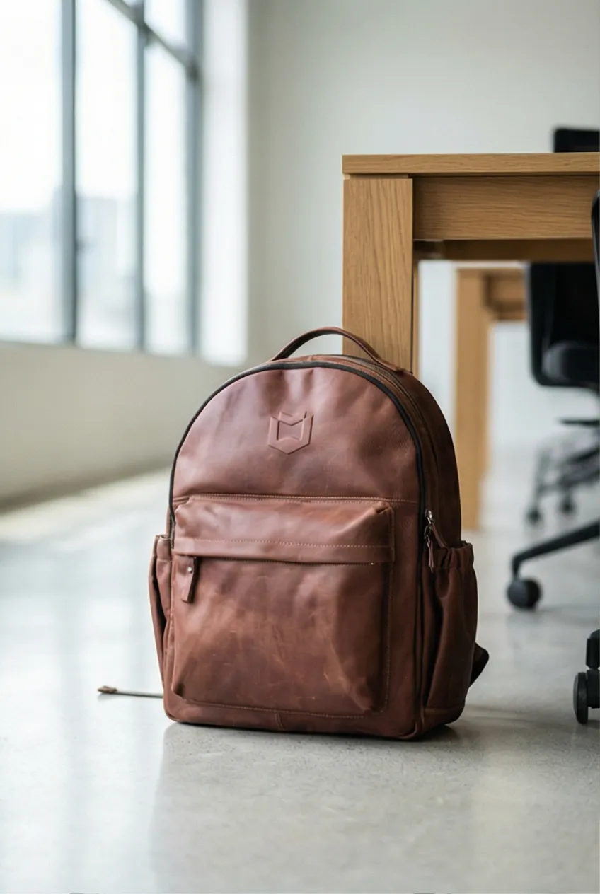AI-generated lifestyle photo of a brown leather backpack in a modern office, created with Prodofoto