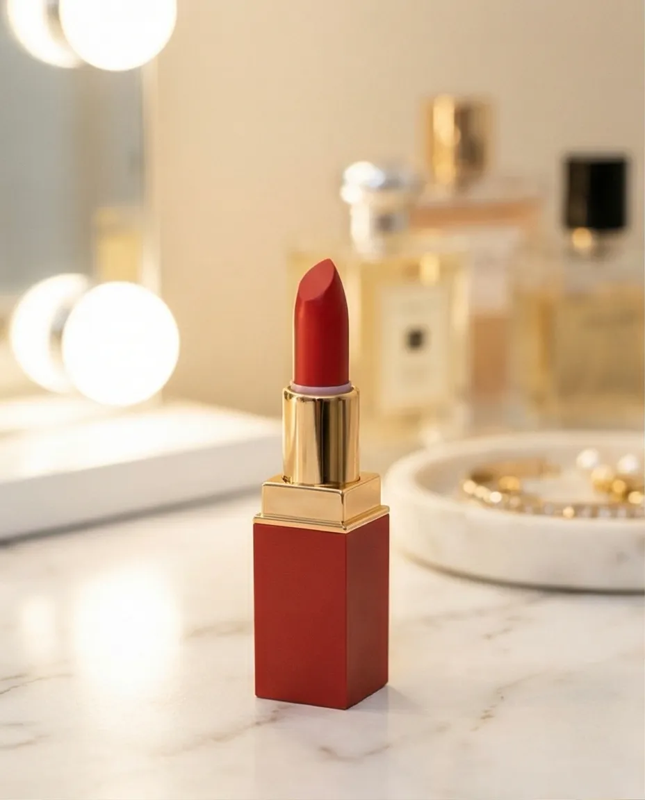 AI-generated lifestyle photo of lipstick on a beauty station with warm lighting
