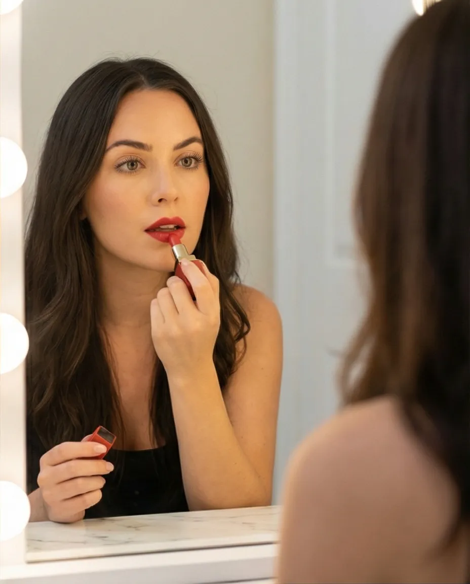 AI-generated on-model photo of lipstick in editorial beauty setting