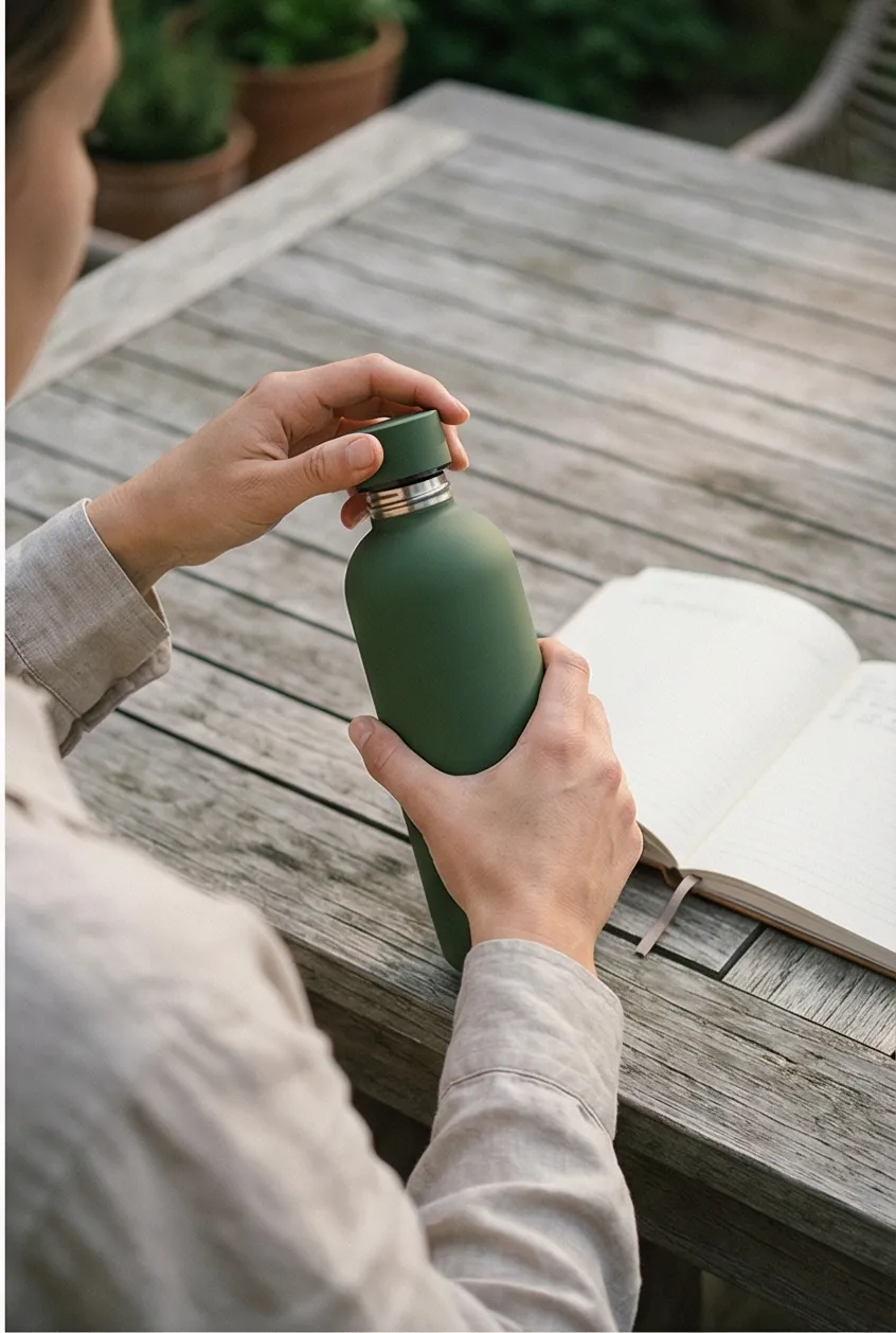 AI lifestyle photo: water bottle in an outdoor lifestyle setting