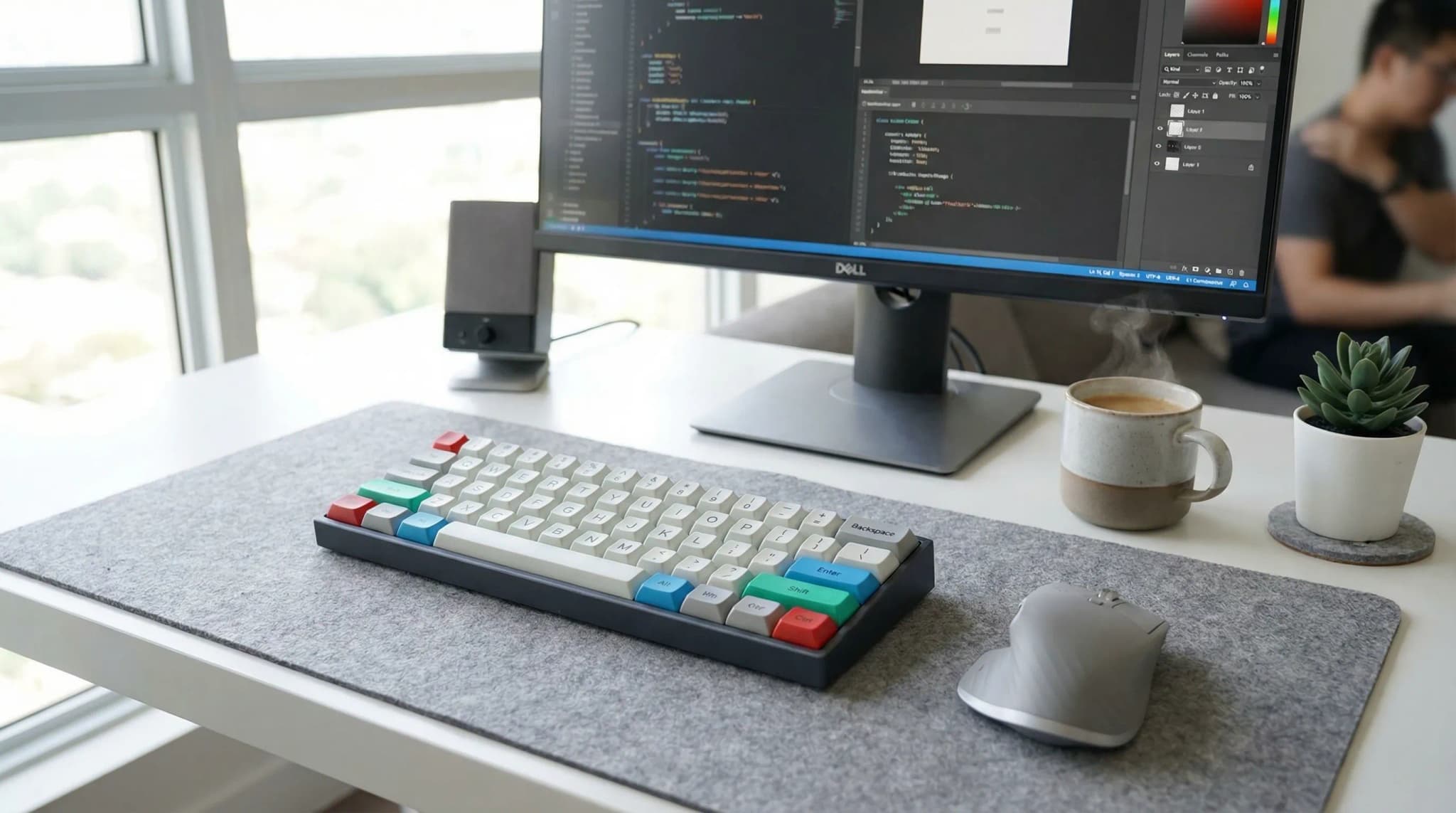 AI-generated lifestyle photo of a mechanical keyboard on a wooden desk with warm lighting
