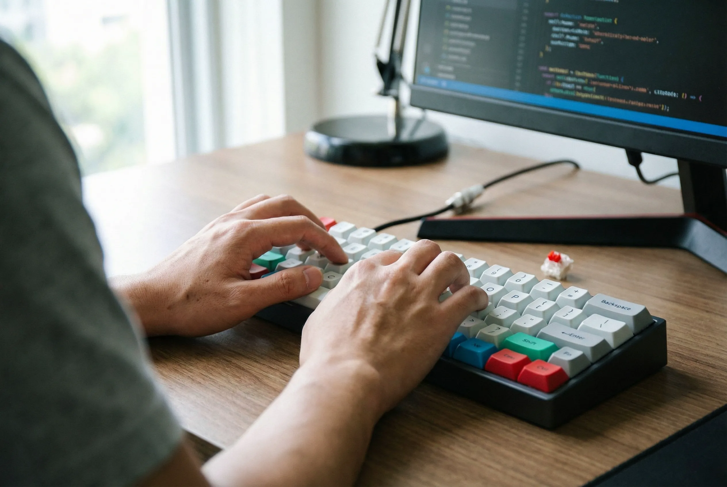 AI-generated lifestyle photo of a mechanical keyboard on a desk setup