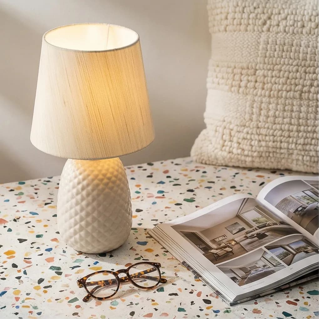 AI-generated lifestyle photo of a pineapple lamp in a cozy living room setting