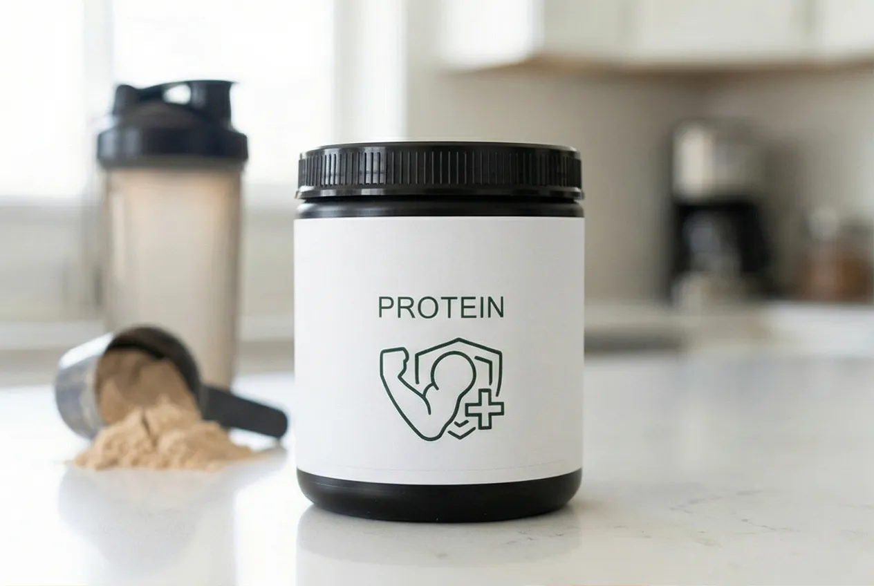 AI-generated lifestyle photo of a protein supplement container on a kitchen counter with a shaker bottle