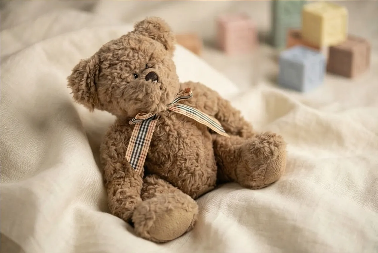 AI-generated lifestyle photo of a teddy bear in a cozy room setting