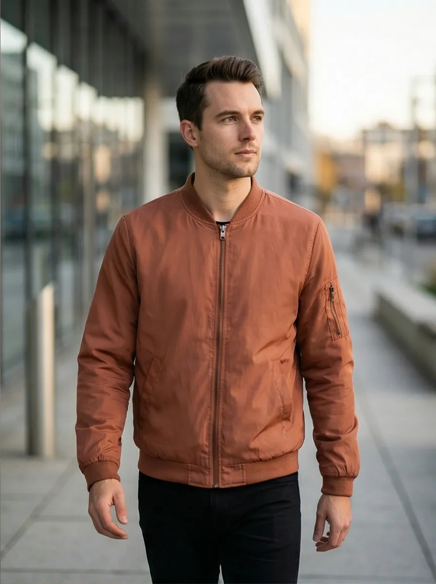 AI-generated lifestyle photo of a bomber jacket in a styled urban setting