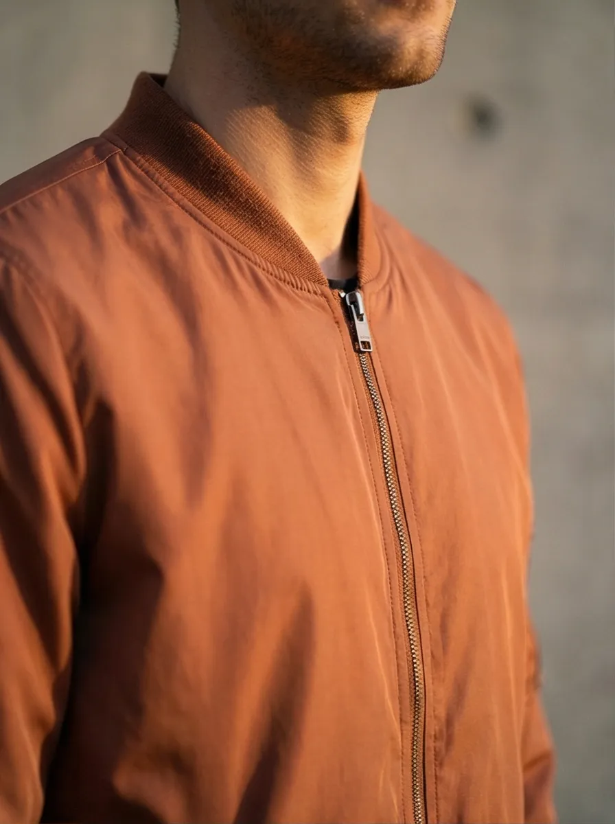 AI-generated lifestyle photo of a bomber jacket in a styled urban environment