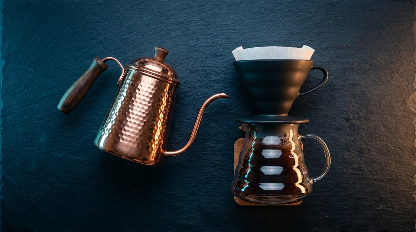 Fotografía de producto plana generada por IA de una cafetera de goteo con hervidor de cuello de cisne de cobre, demostrando la calidad de fotos para pruebas A/B en Shopify