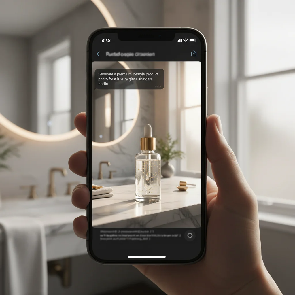 Smartphone displaying an AI chat interface surfacing a premium lifestyle product photo of a skincare bottle