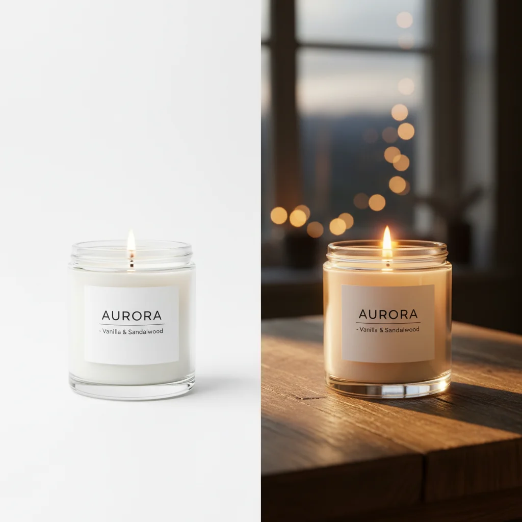 Side-by-side comparison: plain white background product shot vs rich lifestyle product photo