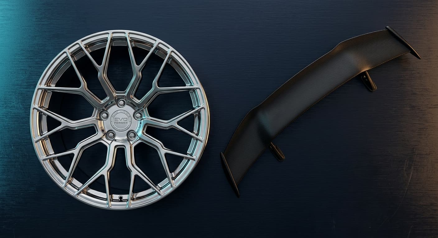 Premium polished chrome alloy car wheel rim with intricate spoke design alongside a sleek matte black carbon fiber car spoiler, product photography flat lay on dark midnight-navy brushed aluminum surface, cool cyan rim lighting and warm amber fill studio lighting