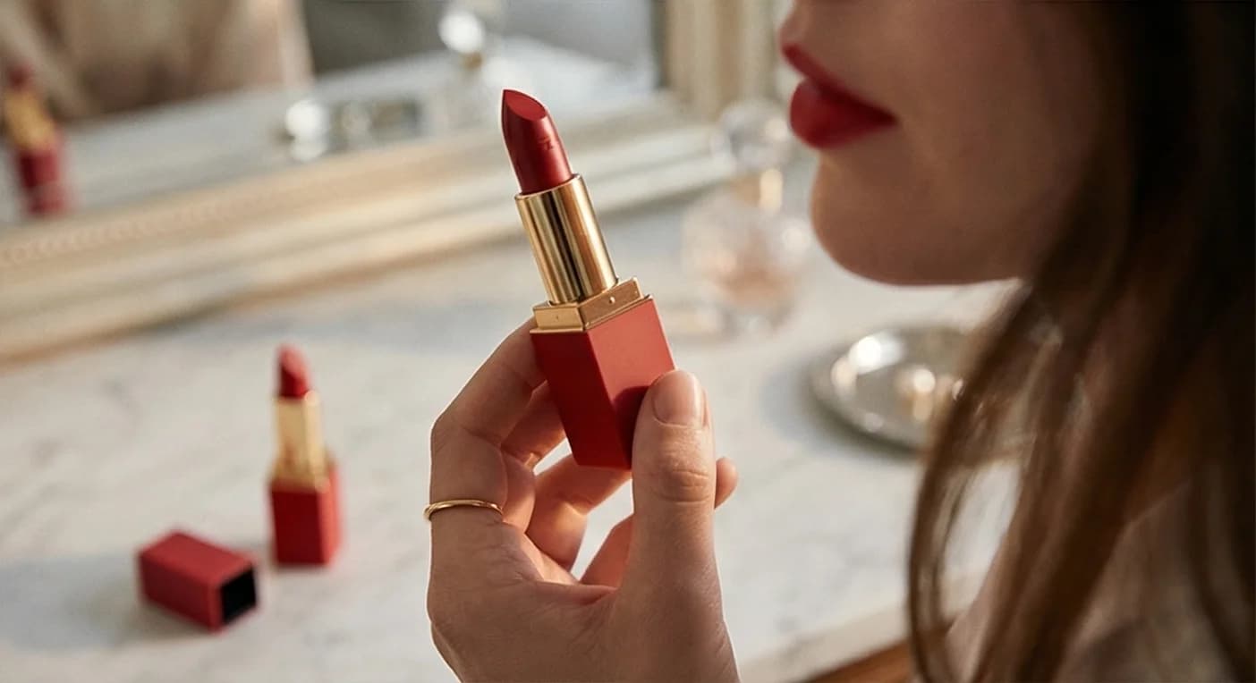 AI-generated lifestyle photo of cosmetics products in a beauty station setting