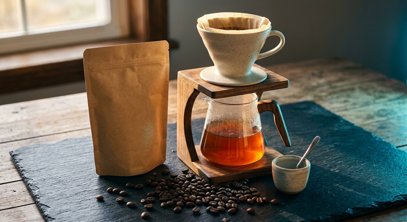 AI-generated coffee pour-over set with artisan coffee bag on dark stone surface, warm golden lighting