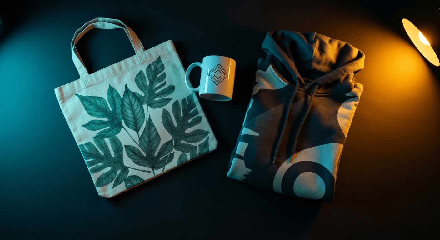 Photographie produit flat lay generee par IA : tote bag en toile avec motif botanique, tasse ceramique blanche avec logo geometrique et sweat a capuche graphique sur fond bleu minuit sombre avec eclairage accent cyan et lumiere de remplissage ambre