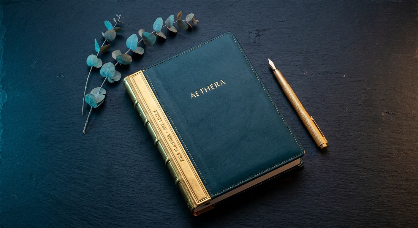 Premium dark teal leather-bound A5 planner with gold fountain pen and dried eucalyptus sprig on dark midnight-navy surface with cyan rim and amber fill lighting