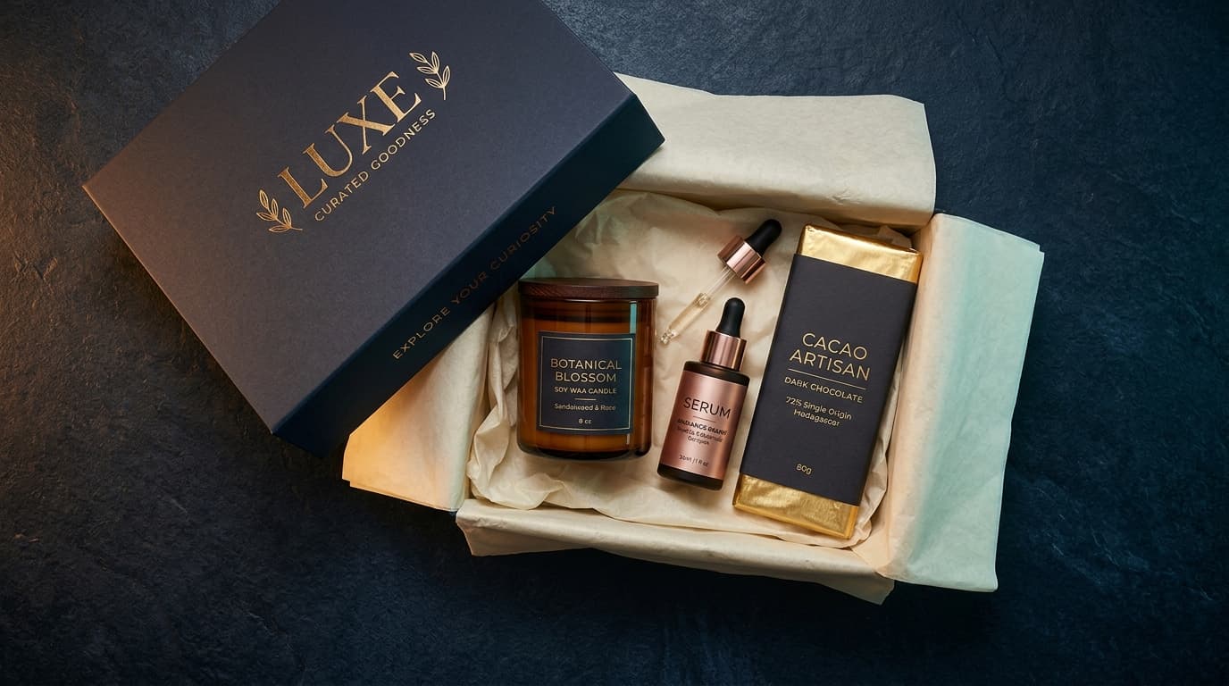 Premium subscription box slightly opened revealing curated artisan soy candle, rose gold facial serum, and dark chocolate bar on dark midnight-navy stone surface with warm amber and cyan studio lighting