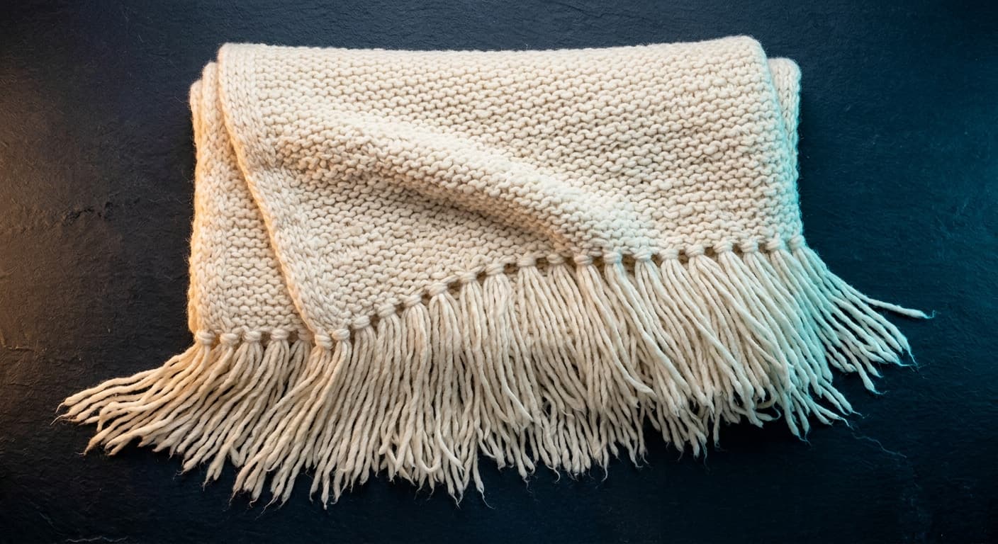 Premium handwoven ivory cashmere throw blanket with long fringe detail on dark midnight-navy brushed stone surface, cool cyan rim lighting and warm amber fill studio lighting — product photography hero shot for Shopify return rate reduction guide