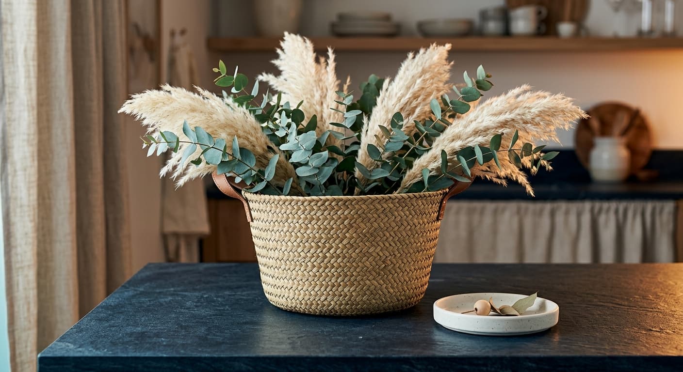 AI-generated lifestyle product photography of a premium handwoven seagrass storage basket with dried pampas grass and eucalyptus stems beside a minimalist ceramic dish, on dark midnight-navy stone surface with warm amber rim lighting and cool cyan fill accent, Pinterest ecommerce product photography hero shot