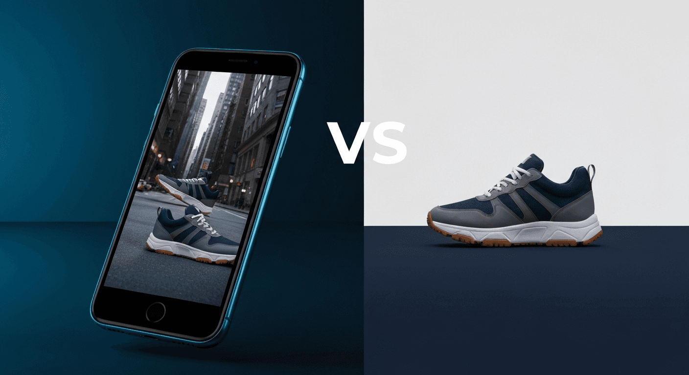 Composition fractionnee generee par IA comparant deux outils de photographie produit IA : smartphone affichant une photo produit lifestyle et photo produit studio propre, fond bleu minuit profond avec eclairages cyan et ambre