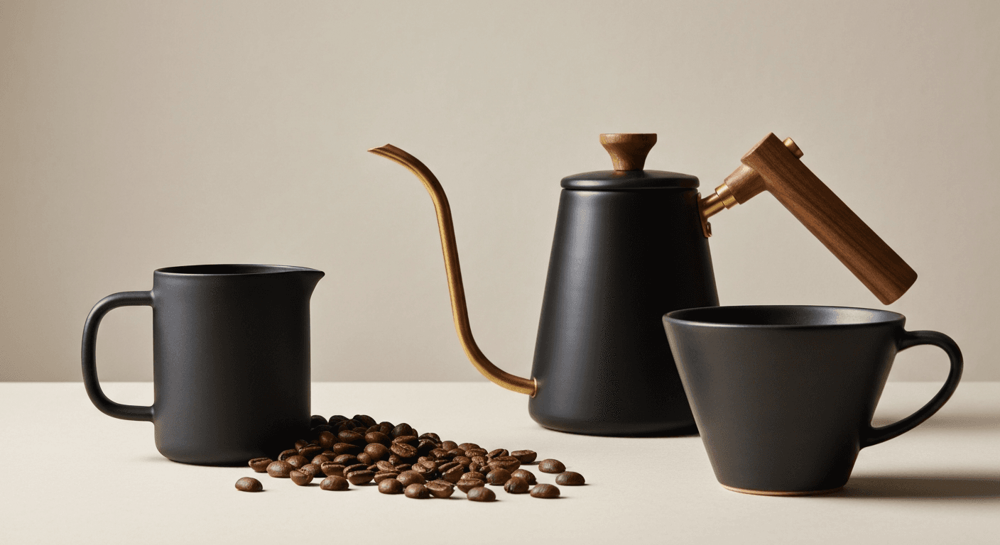 Set artisanal premium de preparation de cafe pour-over avec filtre ceramique mat sur support en bois, bouilloire a col de cygne en cuivre, carafe en verre avec cafe ambre et grains de cafe eparpilles sur surface de pierre texturee bleu nuit profond avec eclairage de contour cyan frais et remplissage ambre chaud, photographie de produit e-commerce studio