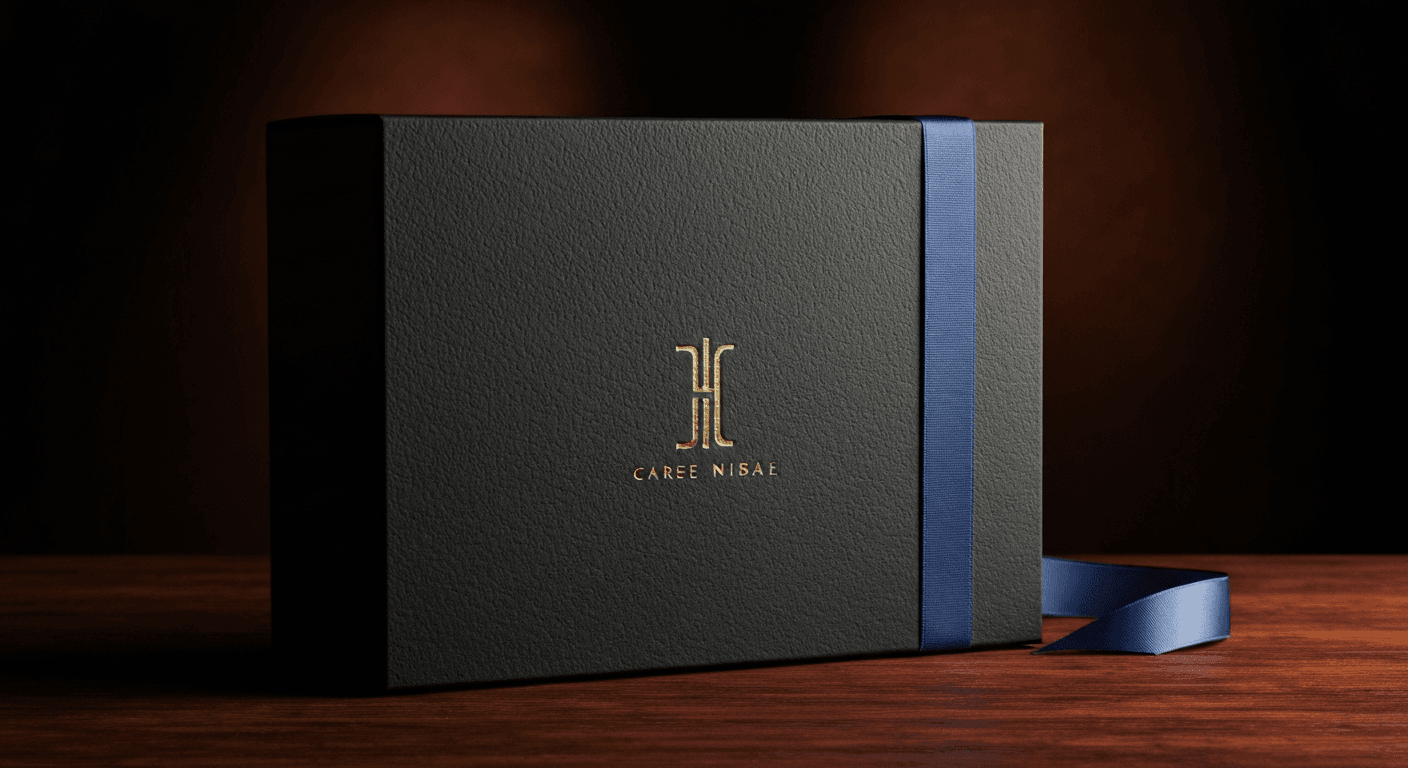 Boite cadeau luxe noire mate avec lettrage en relief dore et ruban de satin, photographie flat-lay sur velours bleu minuit avec eclairage de contour cyan et accent de remplissage ambre, photo commerciale professionnelle de produit