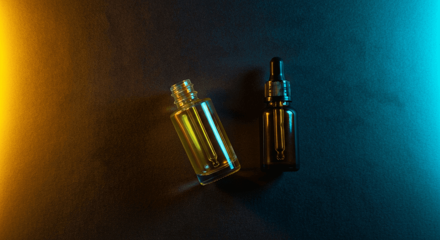 KI-generiertes redaktionelles Flat-Lay eines Premium-Glas-Serumflaeschens und eines Bernstein-Tropferflaeschens auf dunkelblauem Nacht-Samt mit warmem Bernstein- und Cyan-Studiobelechtung
