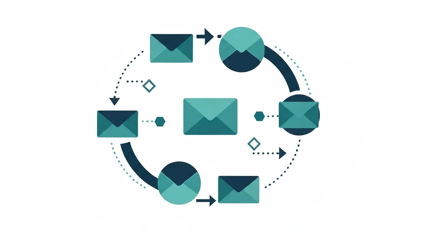 Abstract flat vector illustration of email automation flows with envelope icons and connecting arrows in teal and dark blue on white background