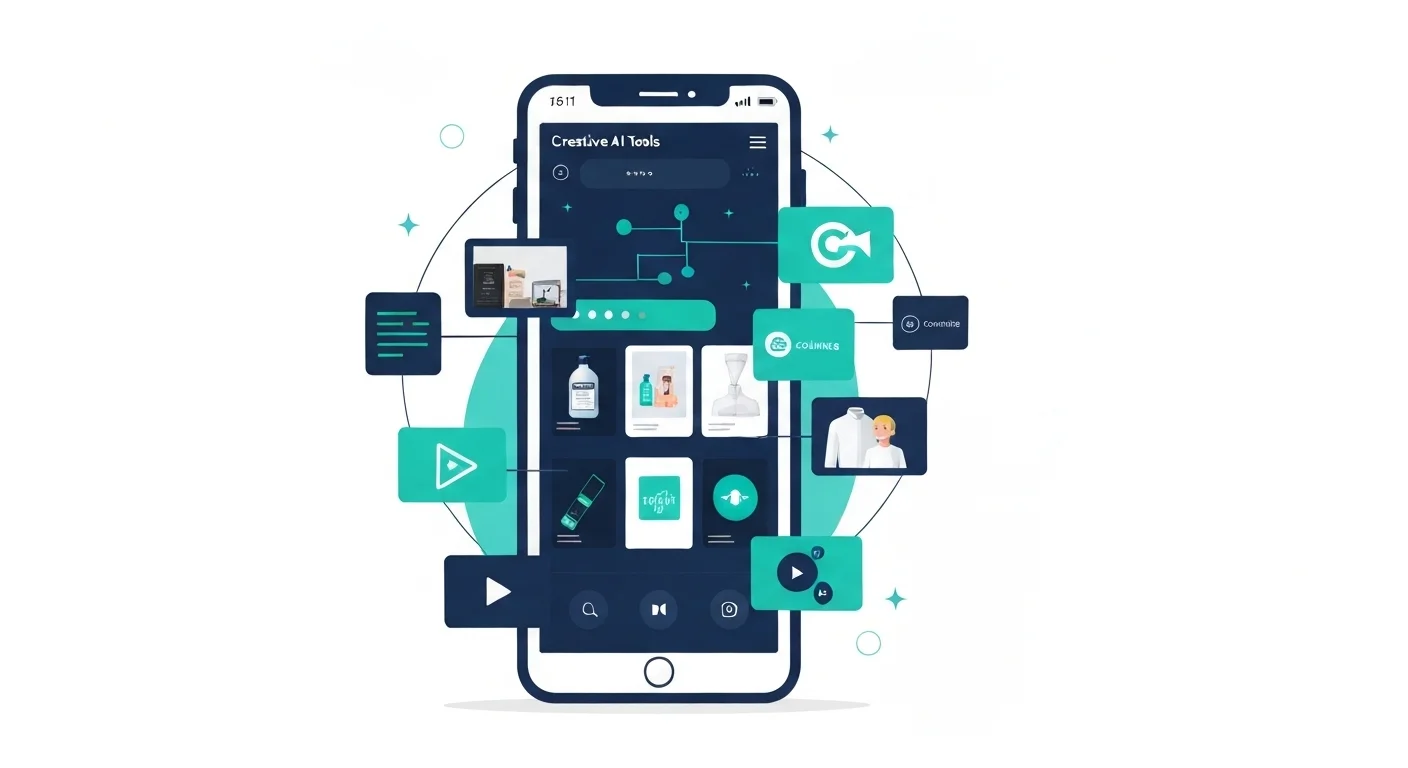 Smartphone displaying AI creative tools for Shopify merchants including product photography and logo creation