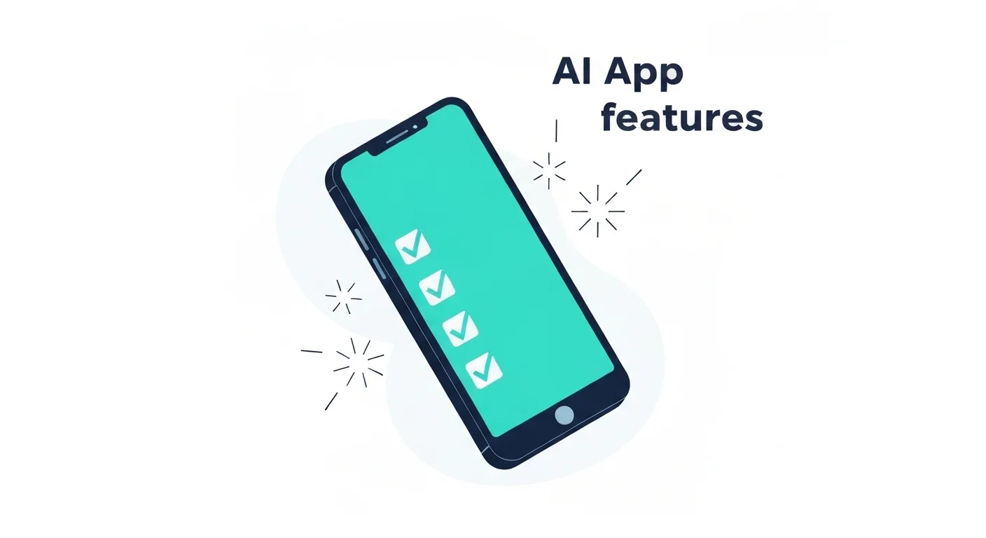 Checklist illustration highlighting AI app features and capabilities for Shopify store owners